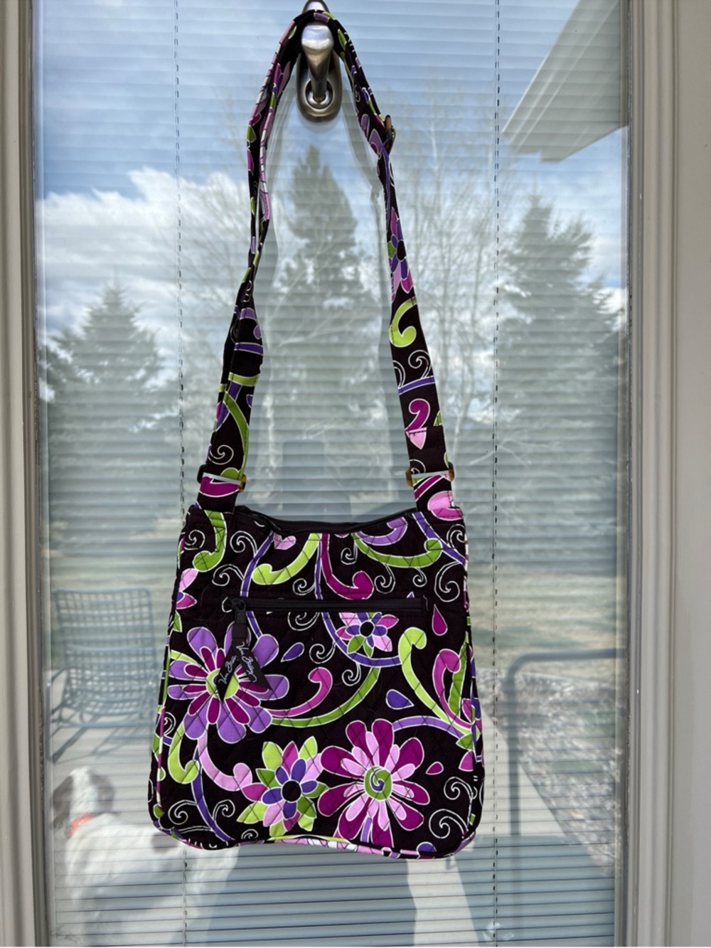 Vera Bradley Dark Brown Crossbody with Purple & Green Floral Pattern. - Picture 2 of 7